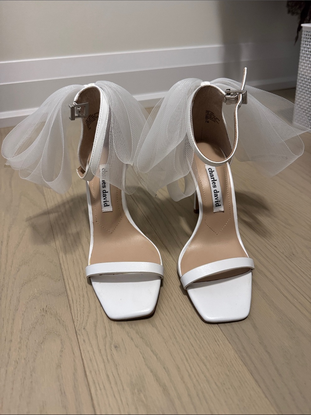 Charles David White Tulle Ankle-Strap Heels with Square Toe